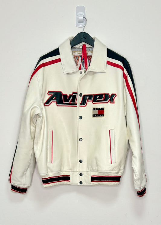 AVIREX X TOMMY JEANS ICON LEATHER JACKET (WHITE/NAVY BLUE/RED)